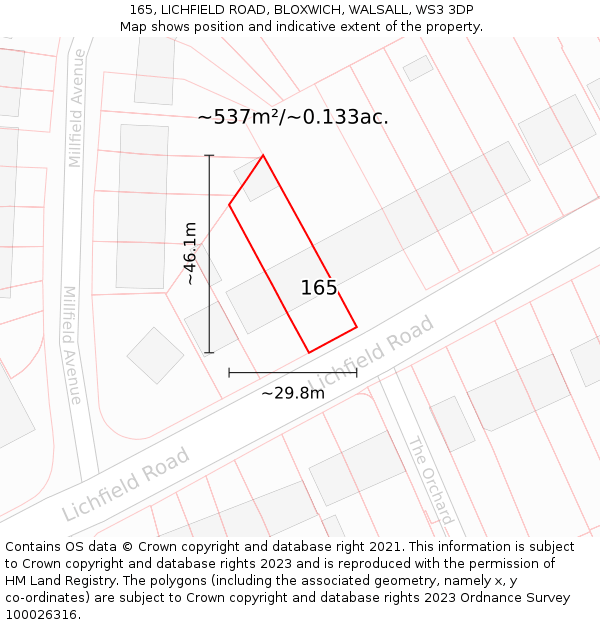 165, LICHFIELD ROAD, BLOXWICH, WALSALL, WS3 3DP: Plot and title map