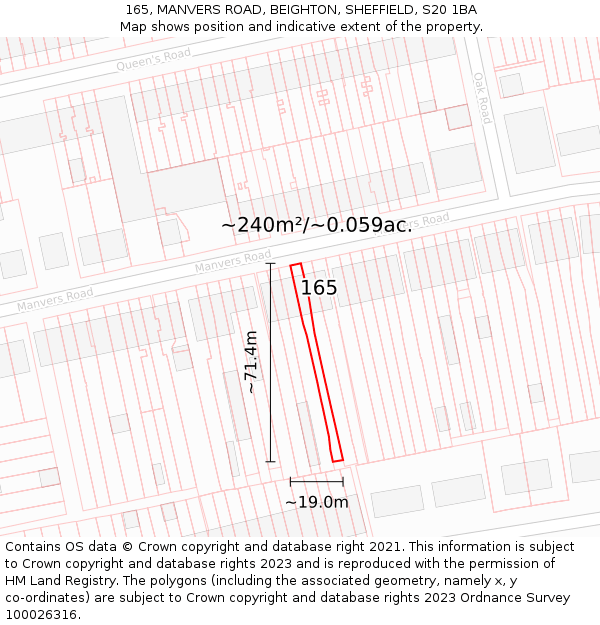 165, MANVERS ROAD, BEIGHTON, SHEFFIELD, S20 1BA: Plot and title map
