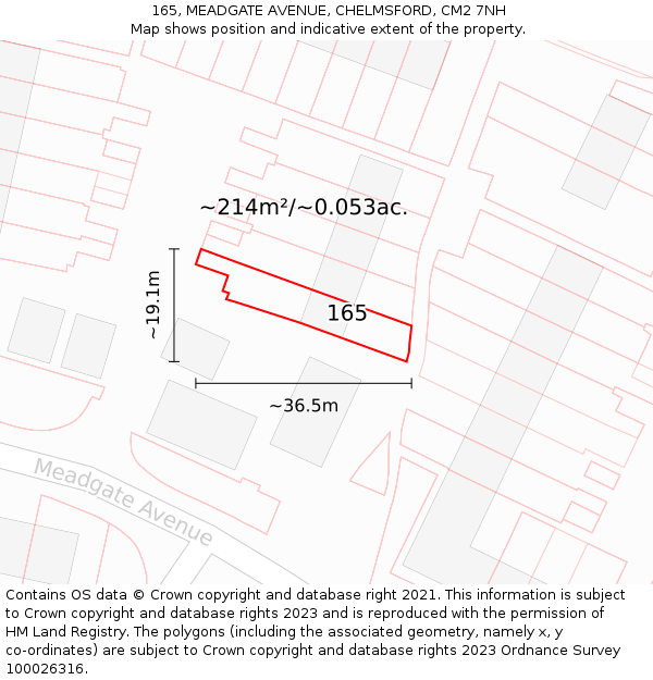 165, MEADGATE AVENUE, CHELMSFORD, CM2 7NH: Plot and title map