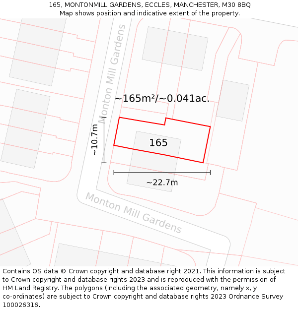 165, MONTONMILL GARDENS, ECCLES, MANCHESTER, M30 8BQ: Plot and title map