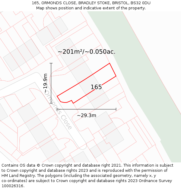 165, ORMONDS CLOSE, BRADLEY STOKE, BRISTOL, BS32 0DU: Plot and title map