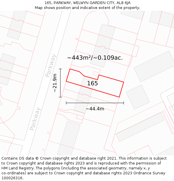 165, PARKWAY, WELWYN GARDEN CITY, AL8 6JA: Plot and title map