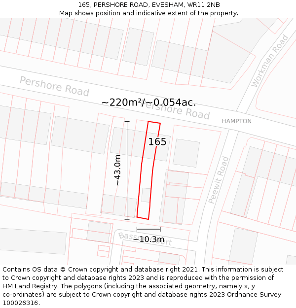 165, PERSHORE ROAD, EVESHAM, WR11 2NB: Plot and title map
