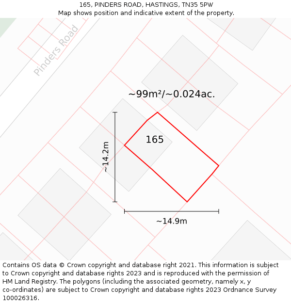 165, PINDERS ROAD, HASTINGS, TN35 5PW: Plot and title map
