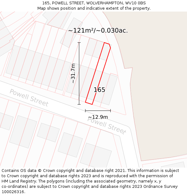 165, POWELL STREET, WOLVERHAMPTON, WV10 0BS: Plot and title map
