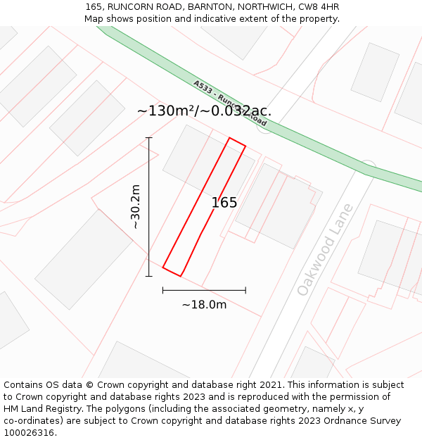 165, RUNCORN ROAD, BARNTON, NORTHWICH, CW8 4HR: Plot and title map