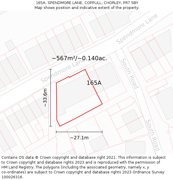 165A, SPENDMORE LANE, COPPULL, CHORLEY, PR7 5BY: Plot and title map