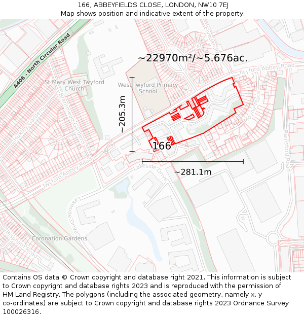 166, ABBEYFIELDS CLOSE, LONDON, NW10 7EJ: Plot and title map
