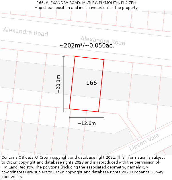 166, ALEXANDRA ROAD, MUTLEY, PLYMOUTH, PL4 7EH: Plot and title map