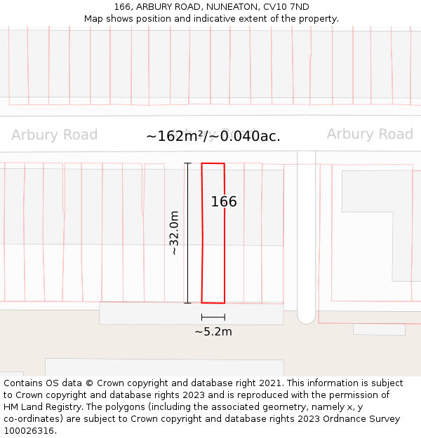 166, ARBURY ROAD, NUNEATON, CV10 7ND: Plot and title map