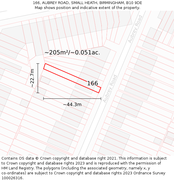 166, AUBREY ROAD, SMALL HEATH, BIRMINGHAM, B10 9DE: Plot and title map