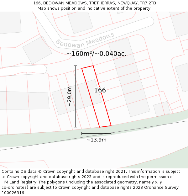166, BEDOWAN MEADOWS, TRETHERRAS, NEWQUAY, TR7 2TB: Plot and title map