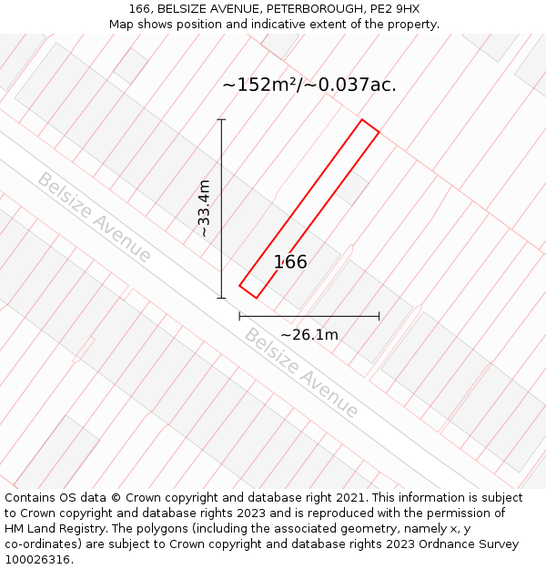 166, BELSIZE AVENUE, PETERBOROUGH, PE2 9HX: Plot and title map