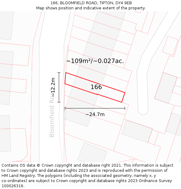 166, BLOOMFIELD ROAD, TIPTON, DY4 9EB: Plot and title map