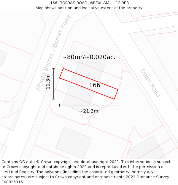 166, BORRAS ROAD, WREXHAM, LL13 9ER: Plot and title map