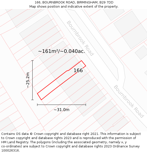 166, BOURNBROOK ROAD, BIRMINGHAM, B29 7DD: Plot and title map