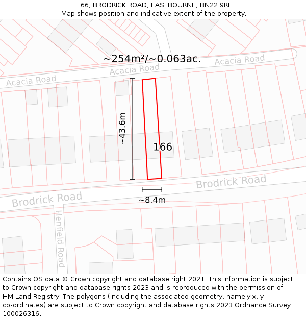 166, BRODRICK ROAD, EASTBOURNE, BN22 9RF: Plot and title map