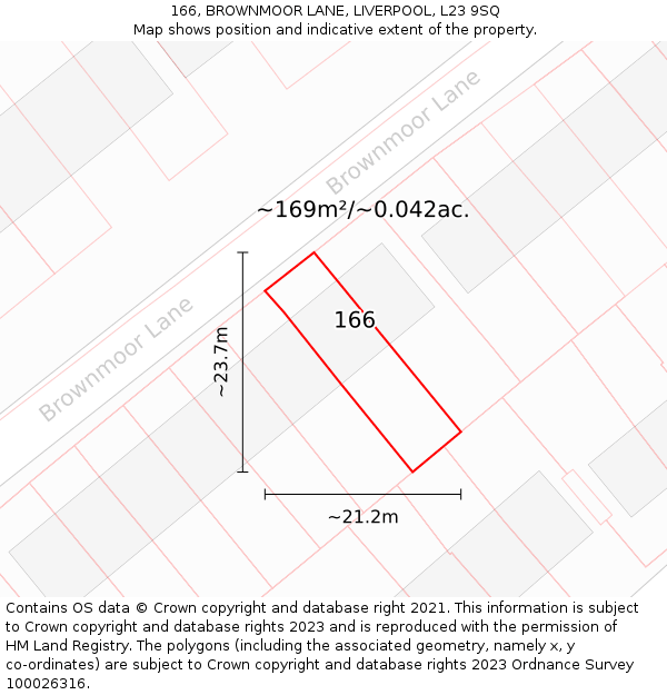 166, BROWNMOOR LANE, LIVERPOOL, L23 9SQ: Plot and title map