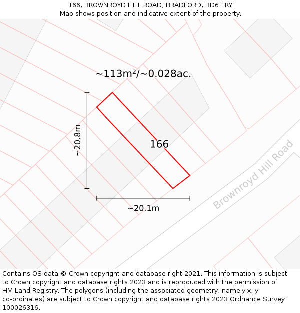 166, BROWNROYD HILL ROAD, BRADFORD, BD6 1RY: Plot and title map