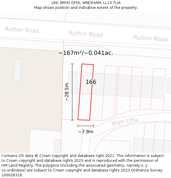 166, BRYN OFFA, WREXHAM, LL13 7UA: Plot and title map