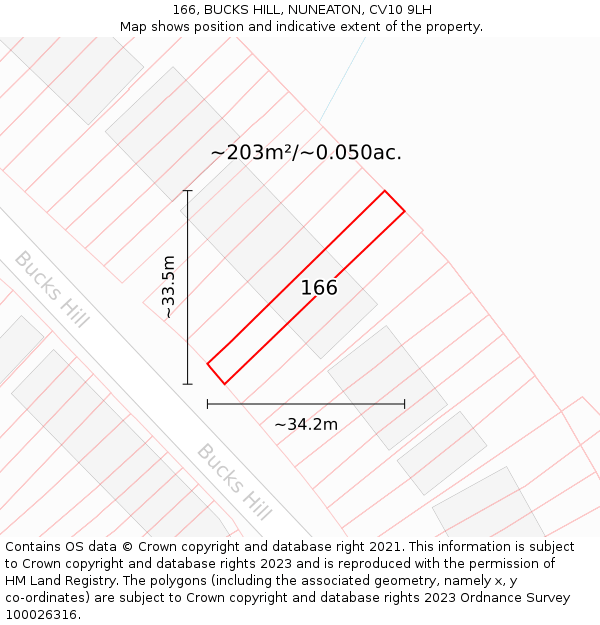 166, BUCKS HILL, NUNEATON, CV10 9LH: Plot and title map