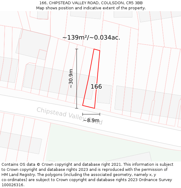 166, CHIPSTEAD VALLEY ROAD, COULSDON, CR5 3BB: Plot and title map