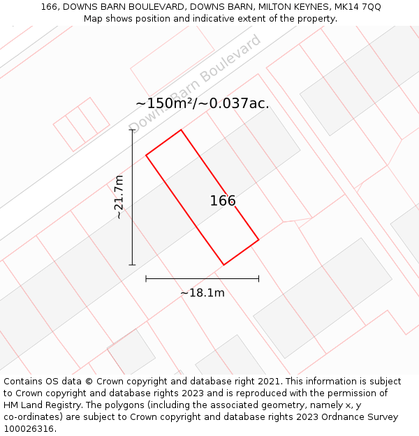 166, DOWNS BARN BOULEVARD, DOWNS BARN, MILTON KEYNES, MK14 7QQ: Plot and title map