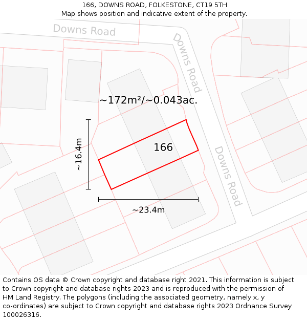 166, DOWNS ROAD, FOLKESTONE, CT19 5TH: Plot and title map