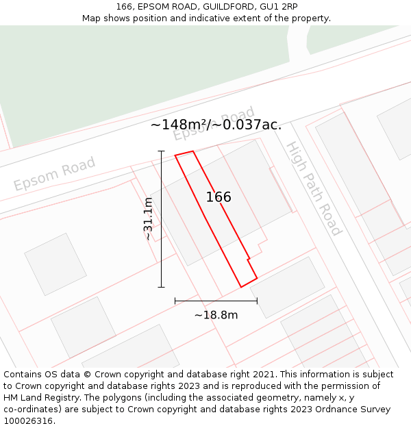 166, EPSOM ROAD, GUILDFORD, GU1 2RP: Plot and title map