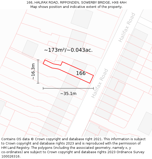 166, HALIFAX ROAD, RIPPONDEN, SOWERBY BRIDGE, HX6 4AH: Plot and title map