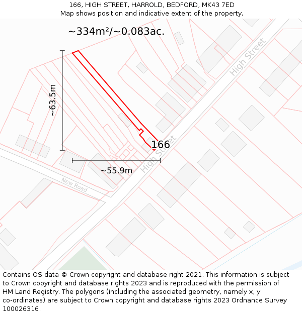 166, HIGH STREET, HARROLD, BEDFORD, MK43 7ED: Plot and title map