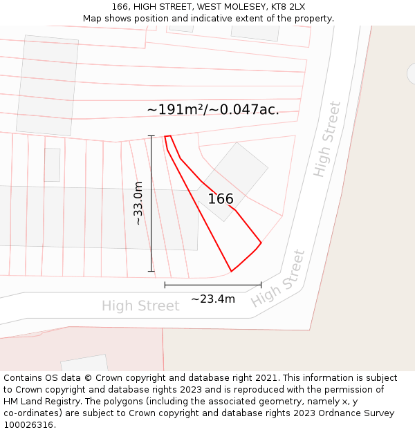 166, HIGH STREET, WEST MOLESEY, KT8 2LX: Plot and title map