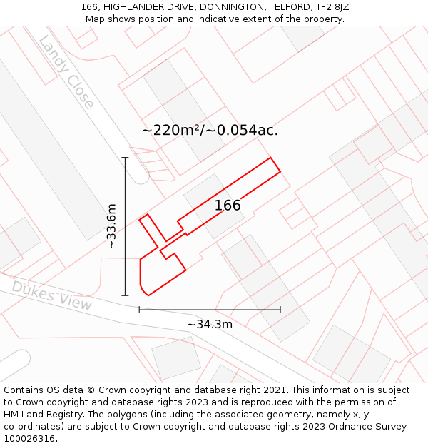 166, HIGHLANDER DRIVE, DONNINGTON, TELFORD, TF2 8JZ: Plot and title map