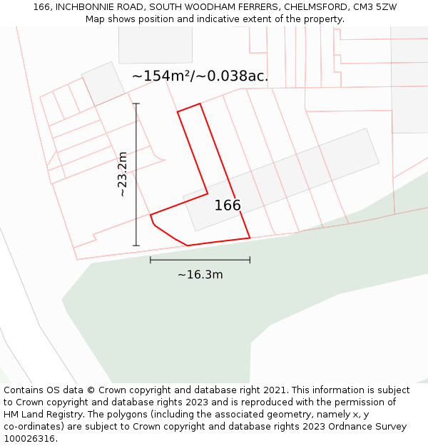 166, INCHBONNIE ROAD, SOUTH WOODHAM FERRERS, CHELMSFORD, CM3 5ZW: Plot and title map