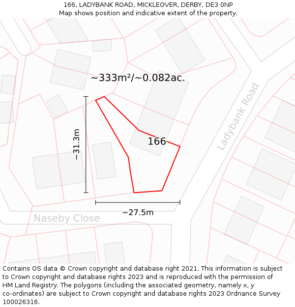 166, LADYBANK ROAD, MICKLEOVER, DERBY, DE3 0NP: Plot and title map