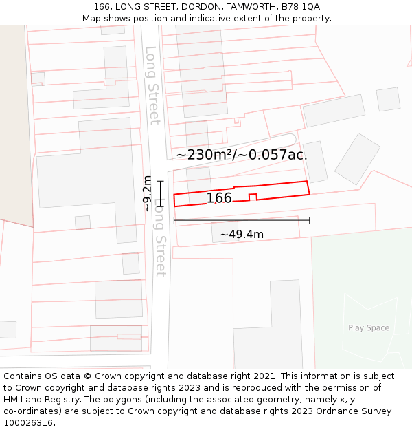 166, LONG STREET, DORDON, TAMWORTH, B78 1QA: Plot and title map