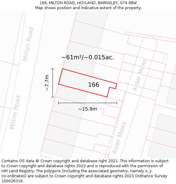 166, MILTON ROAD, HOYLAND, BARNSLEY, S74 9BW: Plot and title map