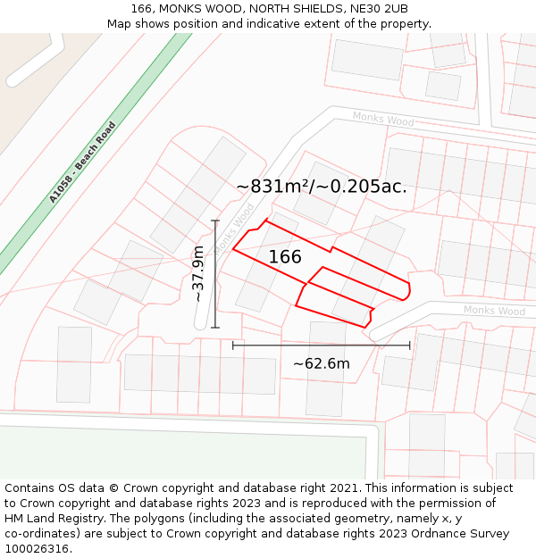 166, MONKS WOOD, NORTH SHIELDS, NE30 2UB: Plot and title map
