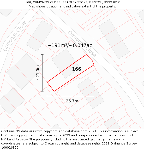 166, ORMONDS CLOSE, BRADLEY STOKE, BRISTOL, BS32 0DZ: Plot and title map