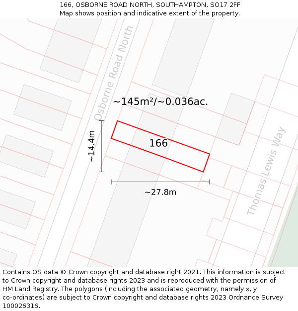 166, OSBORNE ROAD NORTH, SOUTHAMPTON, SO17 2FF: Plot and title map