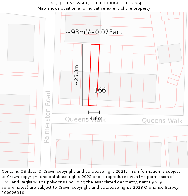 166, QUEENS WALK, PETERBOROUGH, PE2 9AJ: Plot and title map