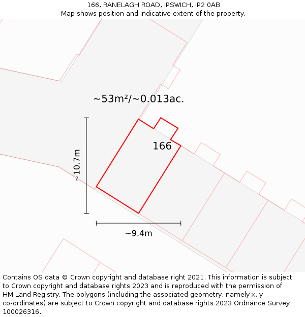 166, RANELAGH ROAD, IPSWICH, IP2 0AB: Plot and title map