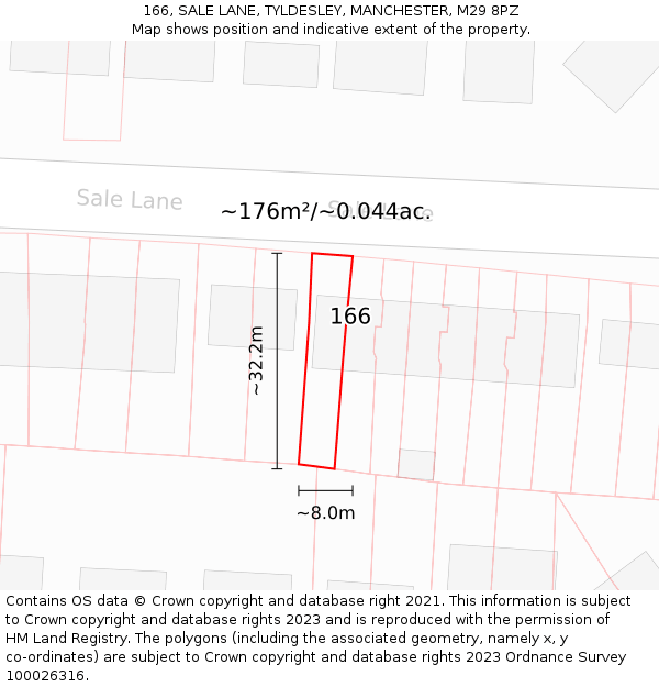 166, SALE LANE, TYLDESLEY, MANCHESTER, M29 8PZ: Plot and title map