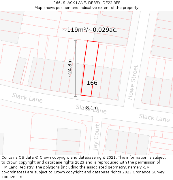 166, SLACK LANE, DERBY, DE22 3EE: Plot and title map