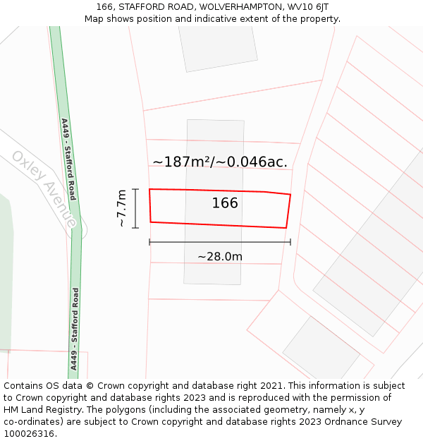 166, STAFFORD ROAD, WOLVERHAMPTON, WV10 6JT: Plot and title map