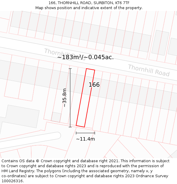 166, THORNHILL ROAD, SURBITON, KT6 7TF: Plot and title map