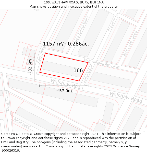 166, WALSHAW ROAD, BURY, BL8 1NA: Plot and title map