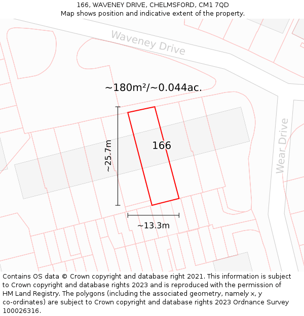 166, WAVENEY DRIVE, CHELMSFORD, CM1 7QD: Plot and title map