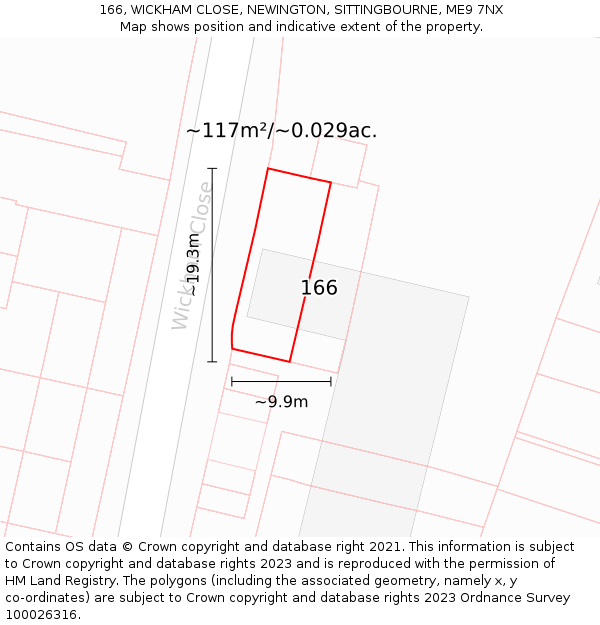 166, WICKHAM CLOSE, NEWINGTON, SITTINGBOURNE, ME9 7NX: Plot and title map