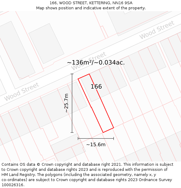 166, WOOD STREET, KETTERING, NN16 9SA: Plot and title map
